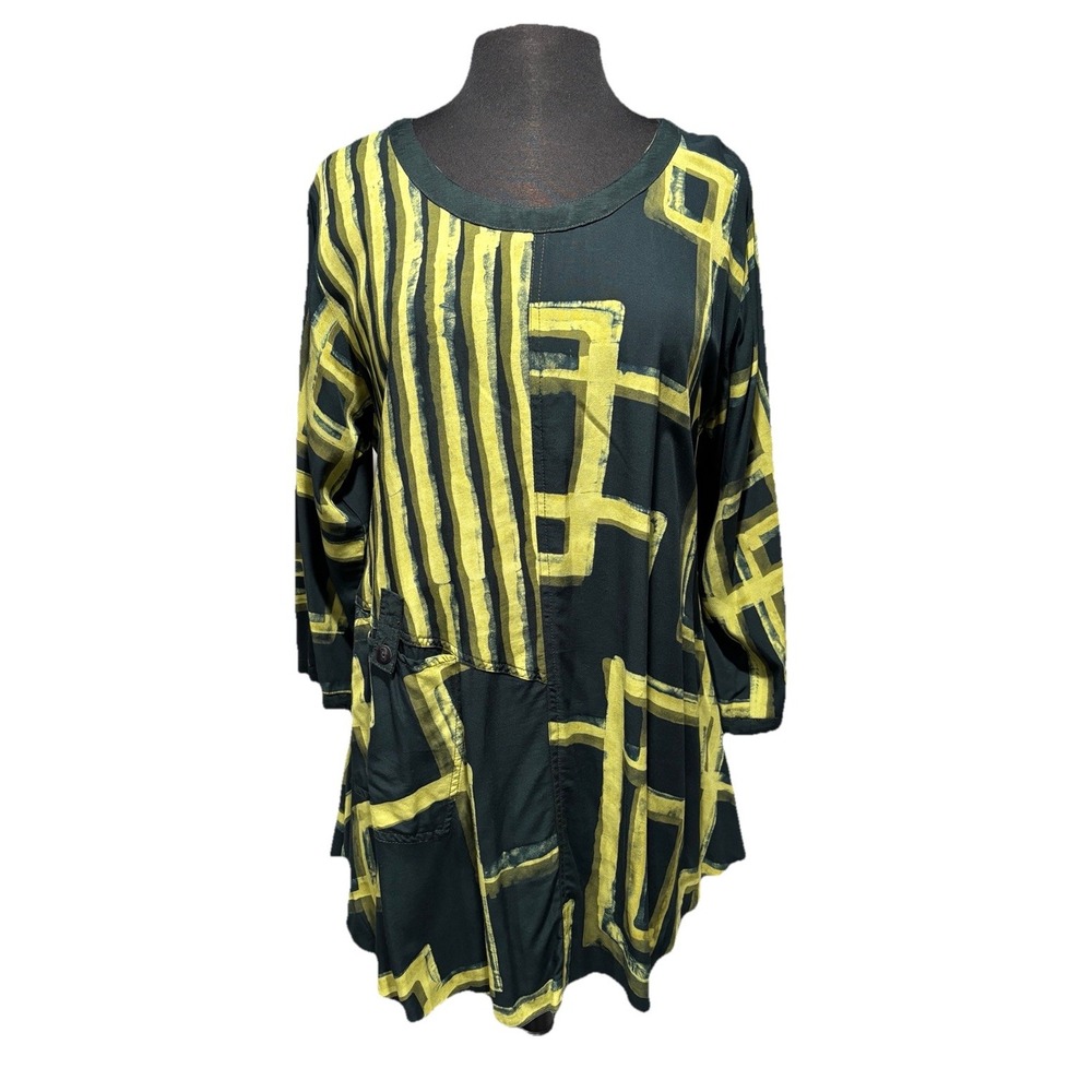 Lyng Tunic Top Black Chartreuse Geometric 100% Rayon‎ Lagenlook NWT